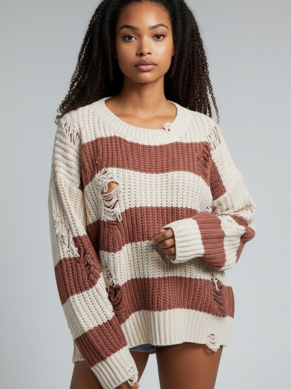 POL Oversized Distressed Stripe Crewneck Sweater - Cream & Brown